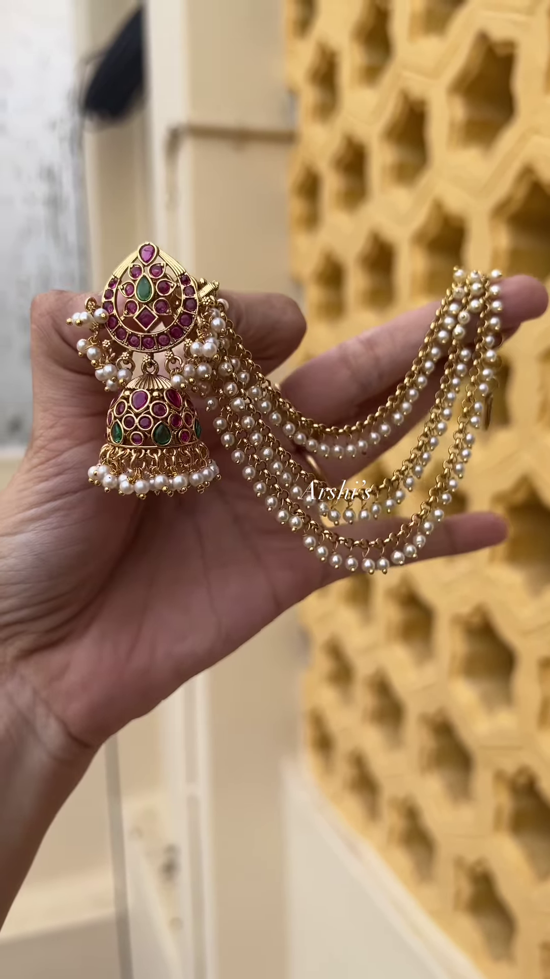 Traditional Gold-Plated Jhumka Earrings with Kemp Stones and Multi-Strand Pearl Earchain