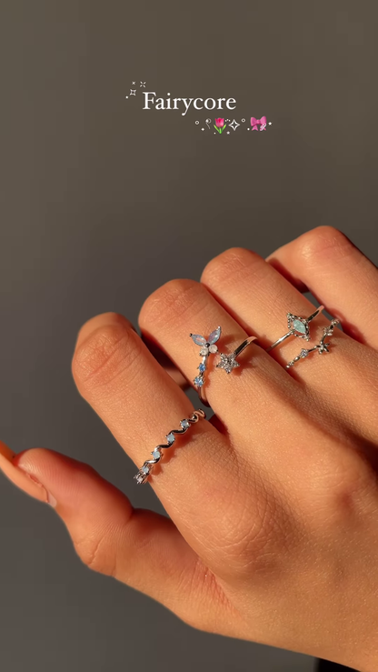 Whimsical Silver-Toned Fairycore Ring Set with Butterfly, Opal, and Star Accents