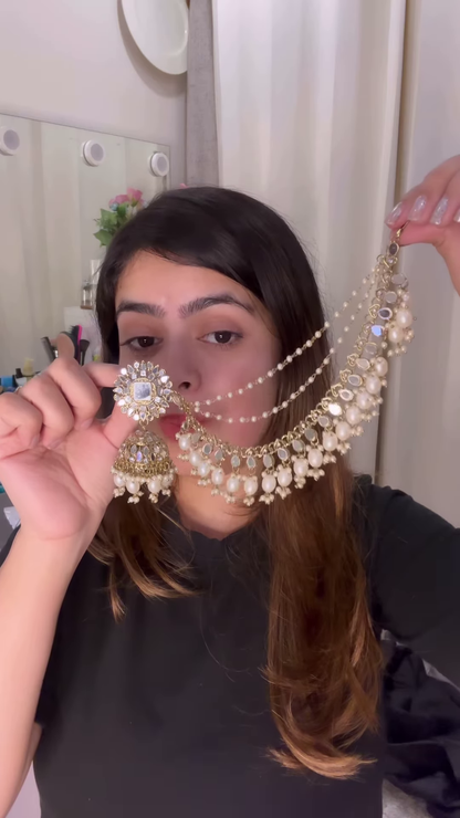 Elegant Gold-Toned Jhumka Earrings with Kundan and Multi-Strand Pearl Earchain