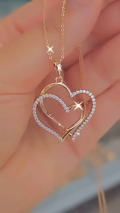 Elegant Rose Gold-Toned Double Heart Necklace with Sparkling Accents