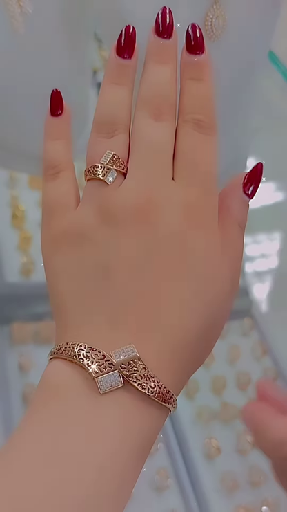 Elegant Rose Gold-Toned Ring and Bangle Set with Pave Crystal Accents