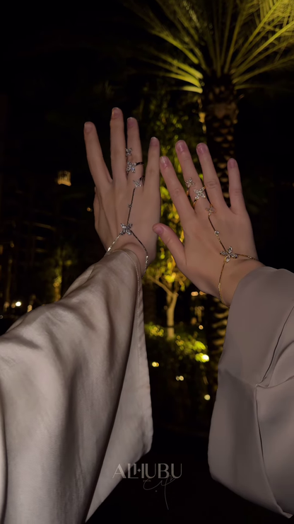 Elegant Gold-Toned Hand Chain Bracelets with Sparkling Floral and Star Accents – Adjustable Finger Rings