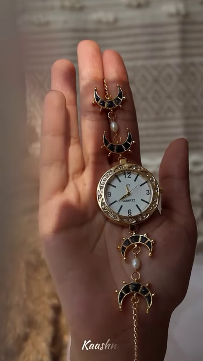 Whimsical Gold-Toned Wristwatch with Crescent Moon and Pearl Accents – Celestial Timepiece