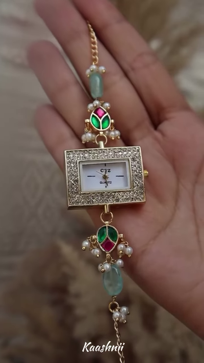 Whimsical Gold-Toned Wristwatch with Crescent Moon and Pearl Accents – Celestial Timepiece