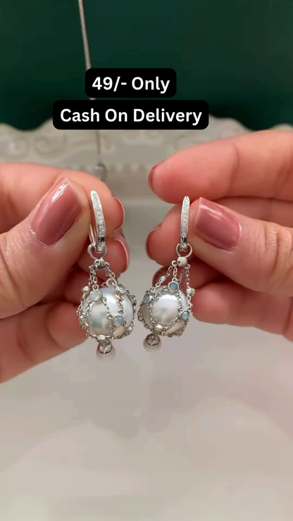 Elegant Silver-Toned Drop Earrings with Simulated Pearls and Crystal Accents