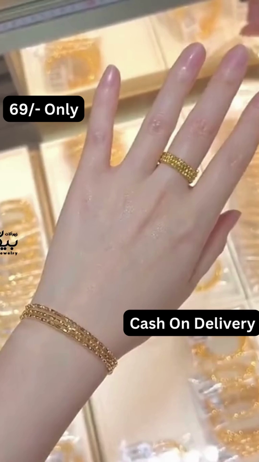 Textured Gold-Toned Bracelet and Ring Set with Intricate Detailing