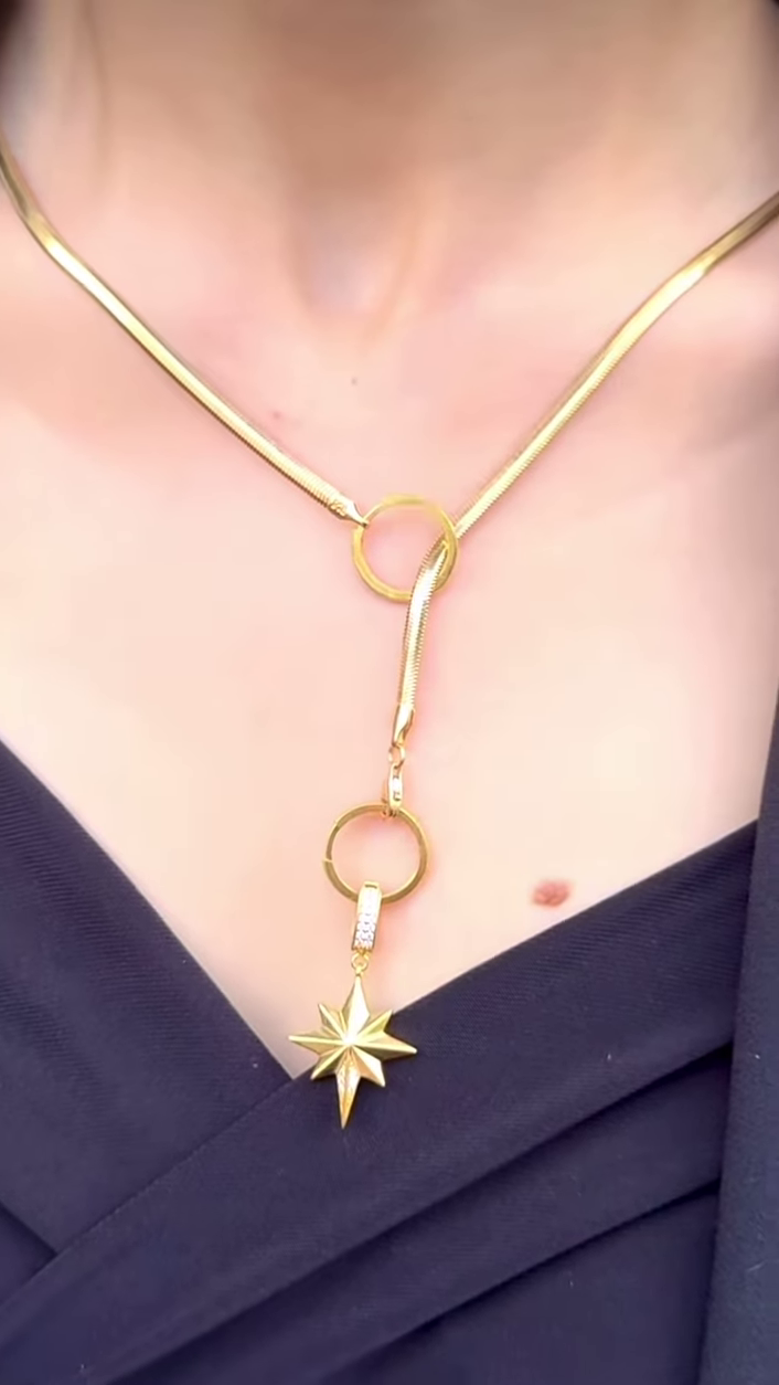 Modern Gold-Toned Y-Necklace with Star Pendant and Crystal Accents