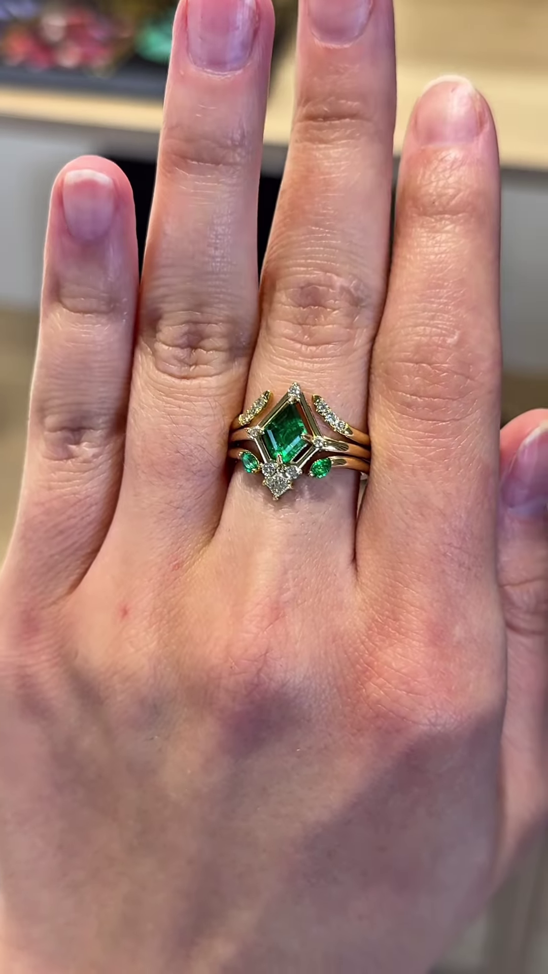 Unique Gold Emerald Cut Emerald Ring Set with Diamond Accents