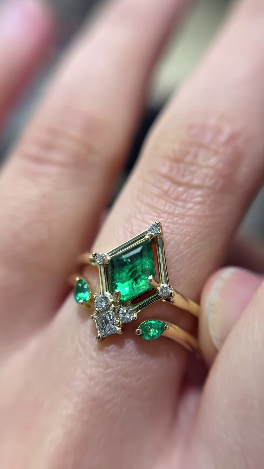 Unique Gold Emerald Cut Emerald Ring Set with Diamond Accents