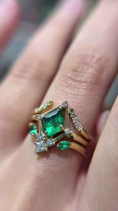 Unique Gold Emerald Cut Emerald Ring Set with Diamond Accents