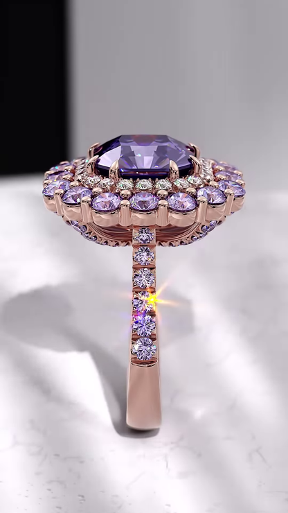 Luxurious Cushion-Cut Purple Sapphire Ring with Double Halo of Diamonds and Sapphires