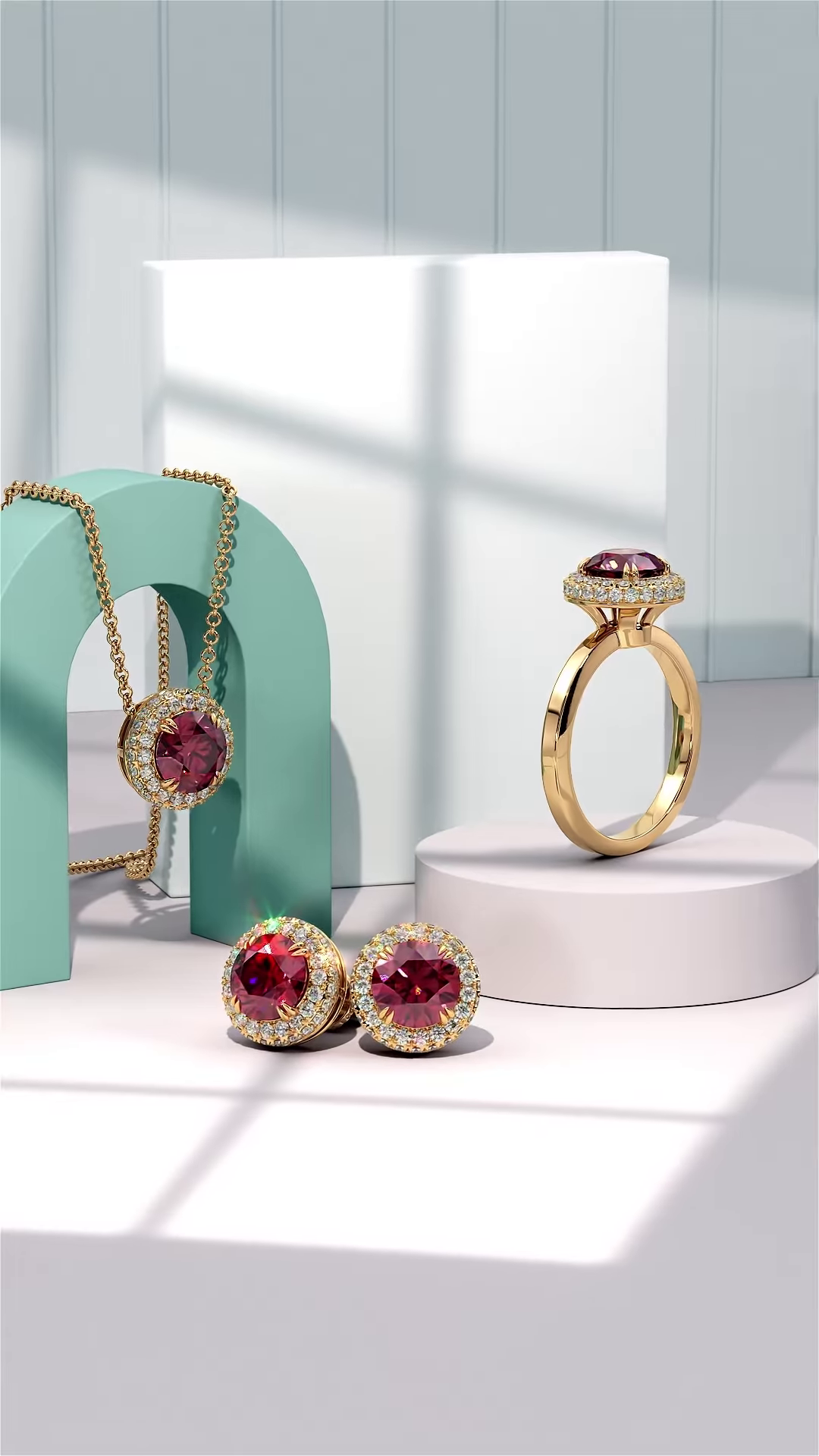 Elegant Ruby and Diamond Jewelry Set: Necklace, Earrings, and Ring in Gold Tone