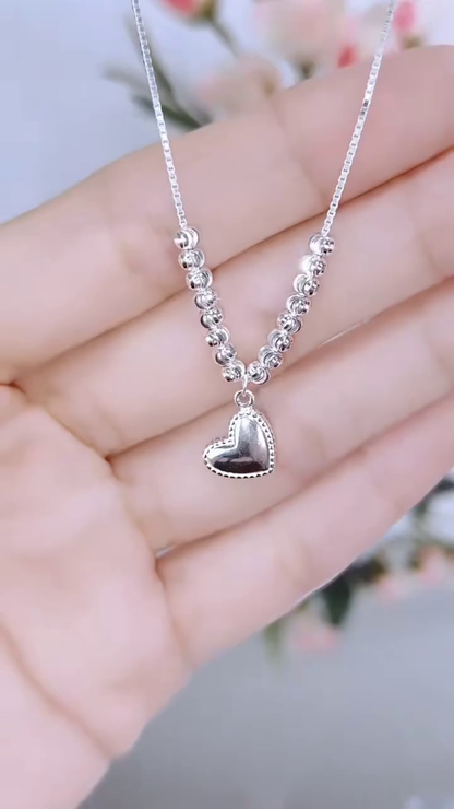 Elegant Silver Heart Pendant Necklace with Beaded Detail – Romantic Jewelry for Women
