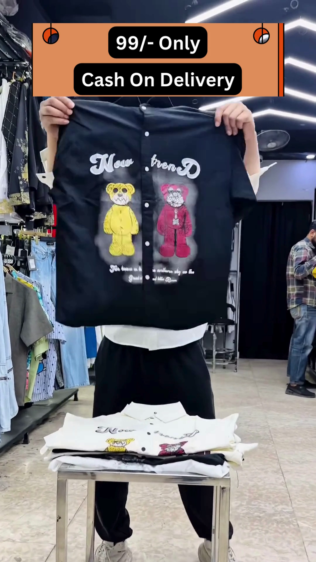 Trendy Cartoon Bear Printed Shirt – Casual Short Sleeve Button-Up for Men and Women