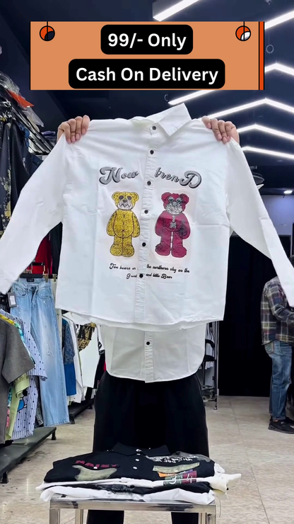 Trendy Cartoon Bear Printed Shirt – Casual Short Sleeve Button-Up for Men and Women