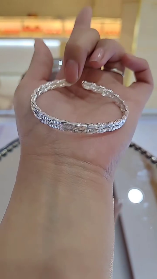 Intricately Woven Silver-Toned Open Cuff Bangle Bracelet