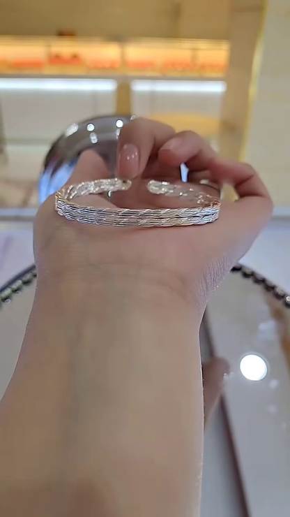 Intricately Woven Silver-Toned Open Cuff Bangle Bracelet