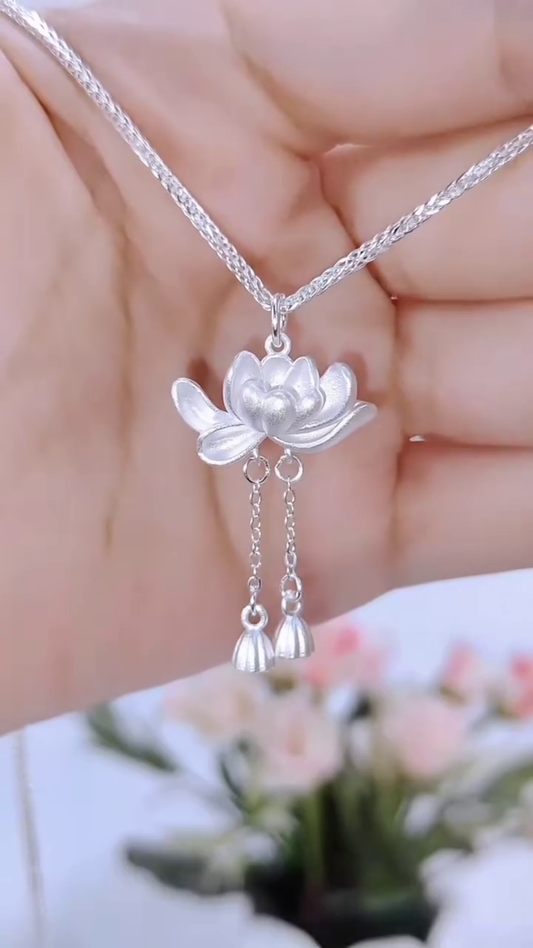 Silver Lotus Pendant Necklace with Tassel Details