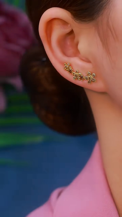 Elegant Gold-Toned Floral Crawler Earrings with Sparkling Crystal Accents