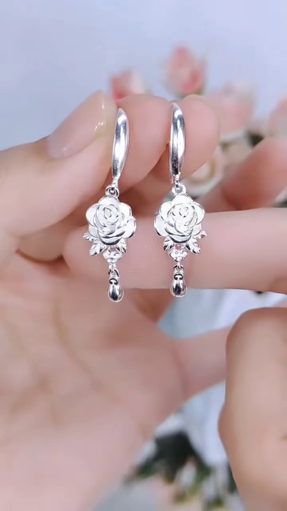 Elegant Sterling Silver Rose Drop Earrings with Delicate Teardrop Accents