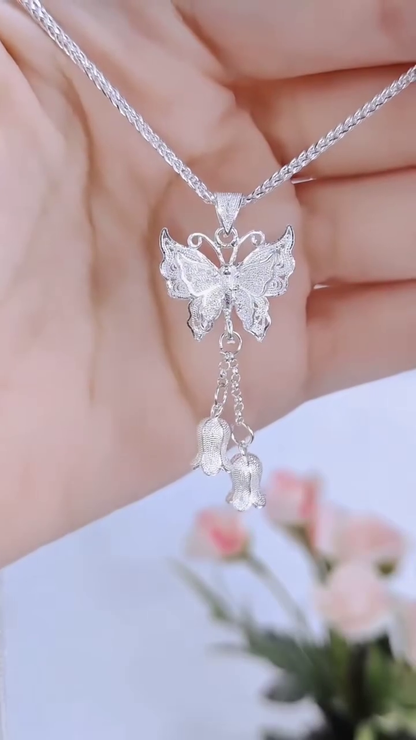 Elegant Sterling Silver Double Layer Chain Necklace with Filigree Butterfly and Floral Drop Charms