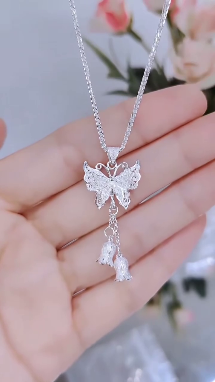 Elegant Sterling Silver Double Layer Chain Necklace with Filigree Butterfly and Floral Drop Charms