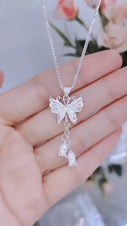Elegant Sterling Silver Double Layer Chain Necklace with Filigree Butterfly and Floral Drop Charms