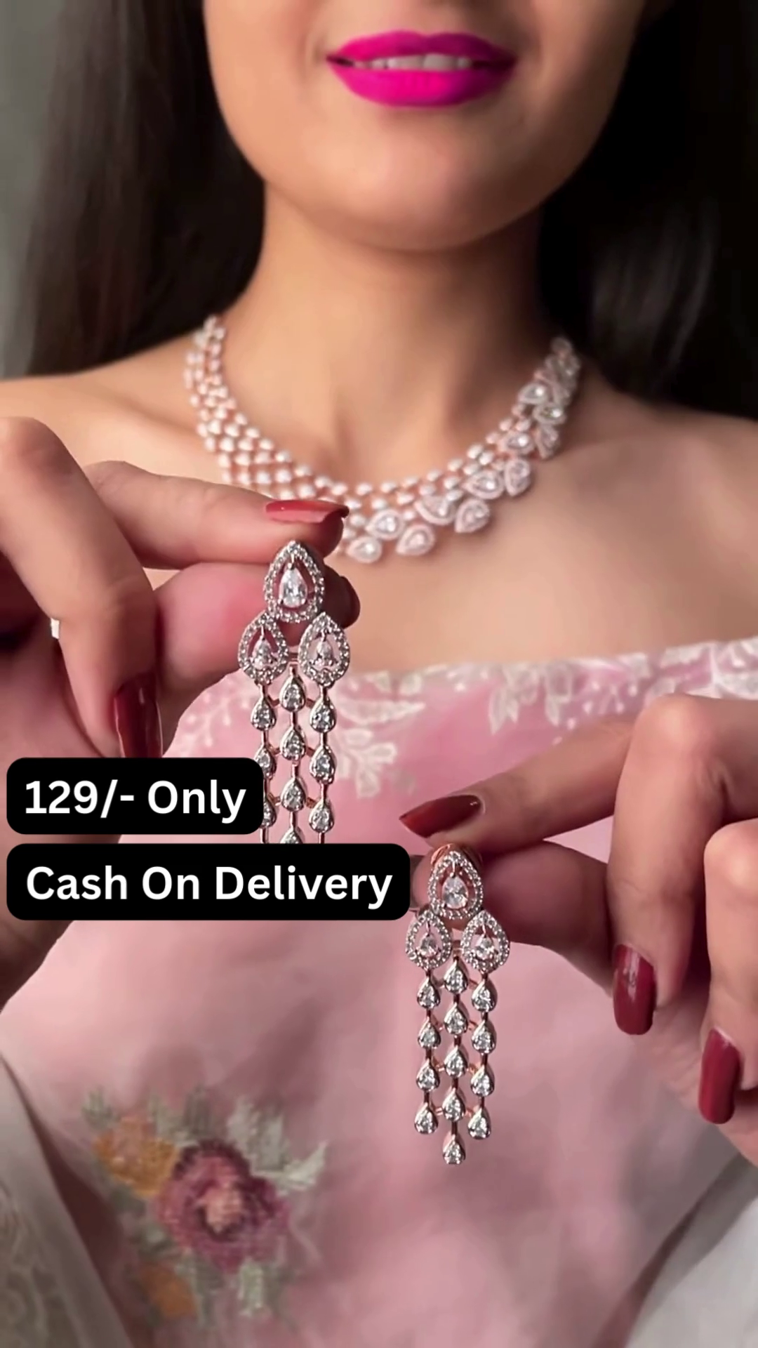 Radiant Rose Gold-Toned Short Necklace Set with Pear-Shaped Crystal Clusters