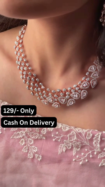 Radiant Rose Gold-Toned Short Necklace Set with Pear-Shaped Crystal Clusters