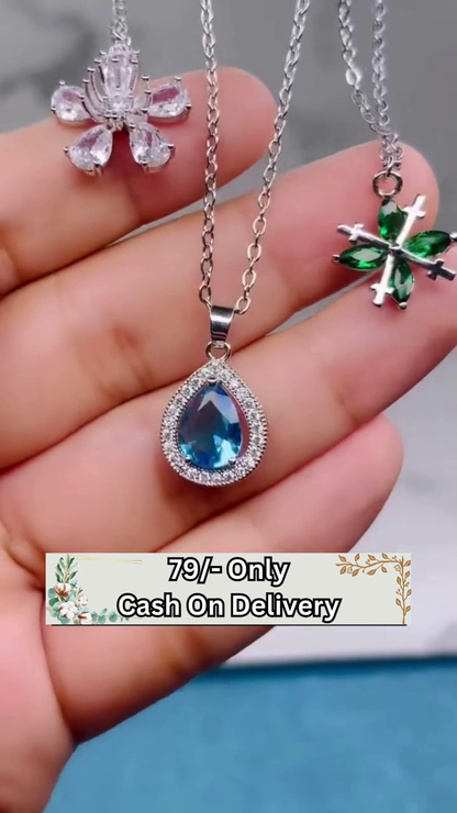 Elegant Sterling Silver Pear-Shaped Blue Gemstone Pendant Necklace with Crystal Halo