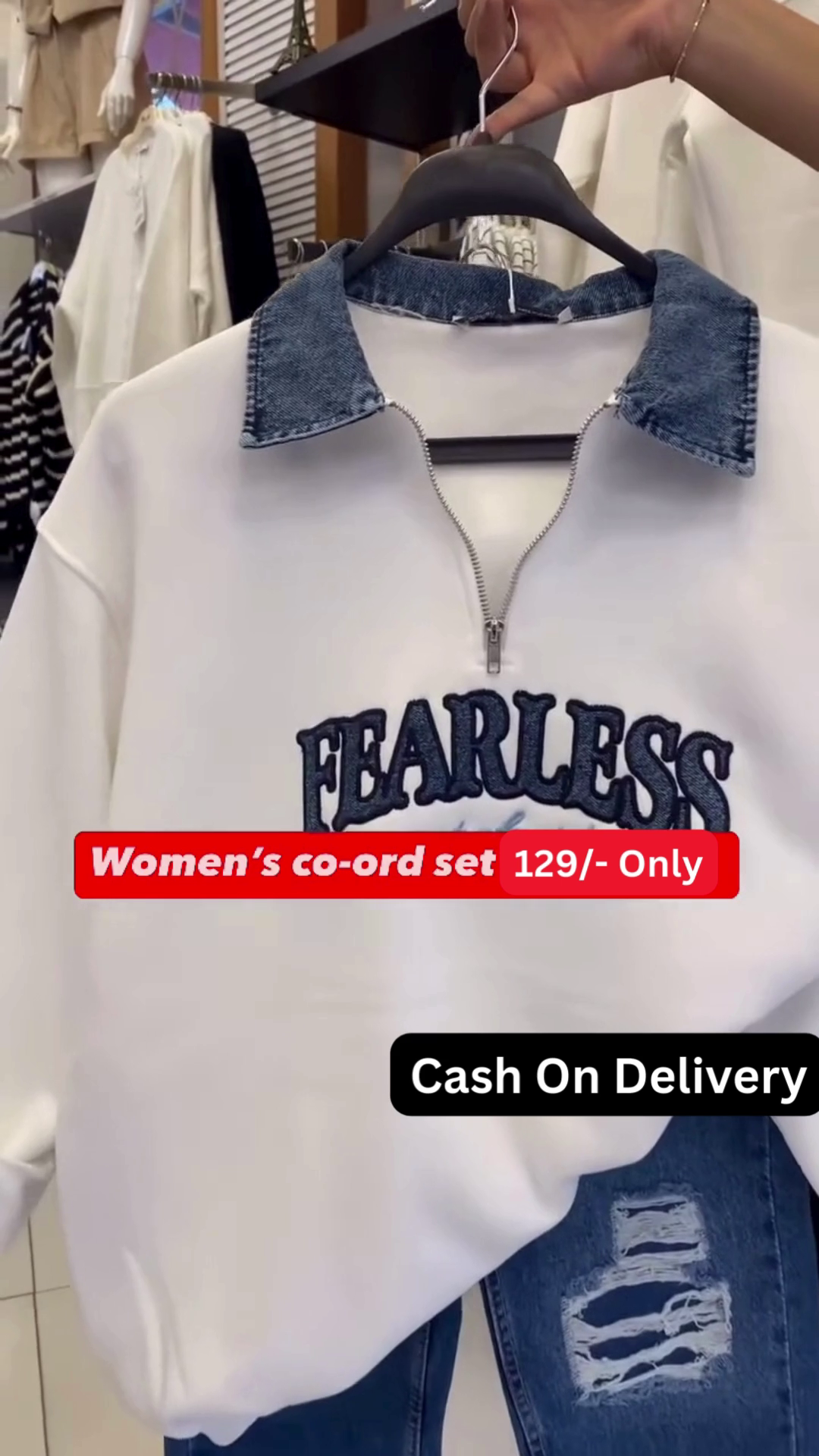 Trendy Women’s White Sweatshirt Co-ord Set with “Fearless” Graphic and Distressed Jeans