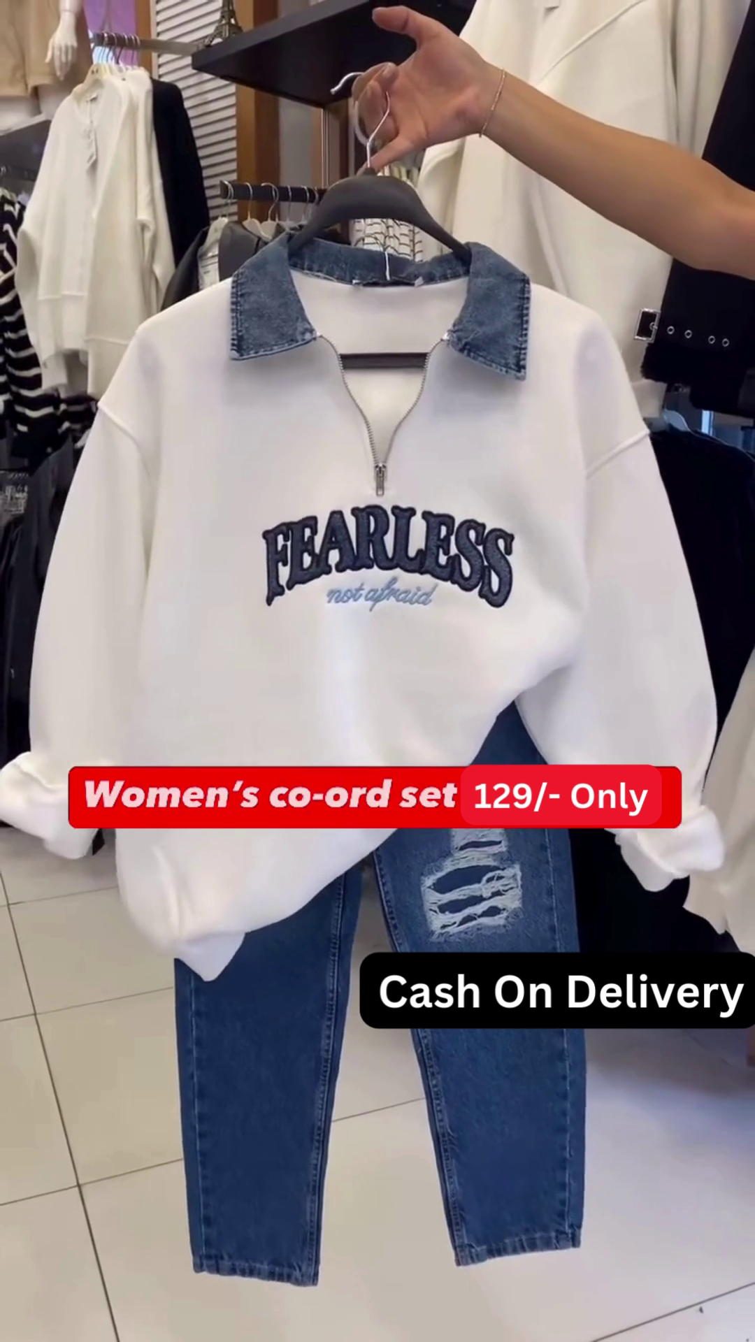 Trendy Women’s White Sweatshirt Co-ord Set with “Fearless” Graphic and Distressed Jeans
