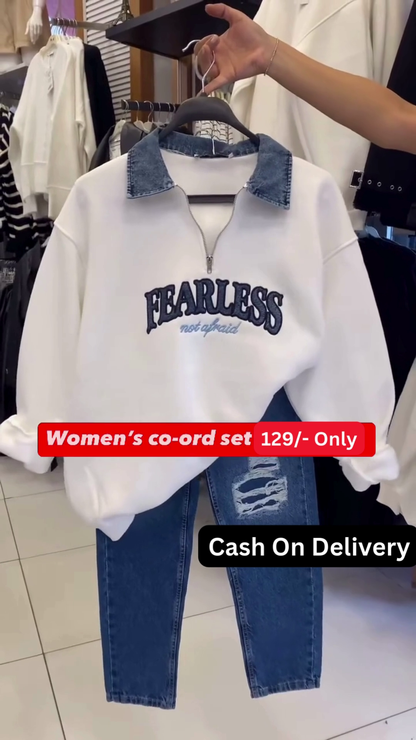 Trendy Women’s White Sweatshirt Co-ord Set with “Fearless” Graphic and Distressed Jeans