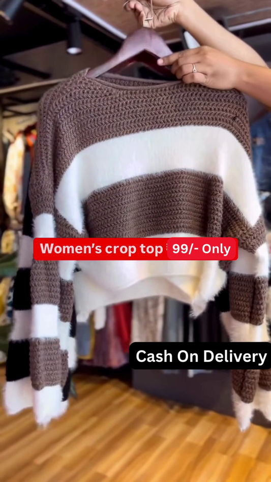 Stylish Women's Chunky Knit Striped Crop Top with Long Sleeves