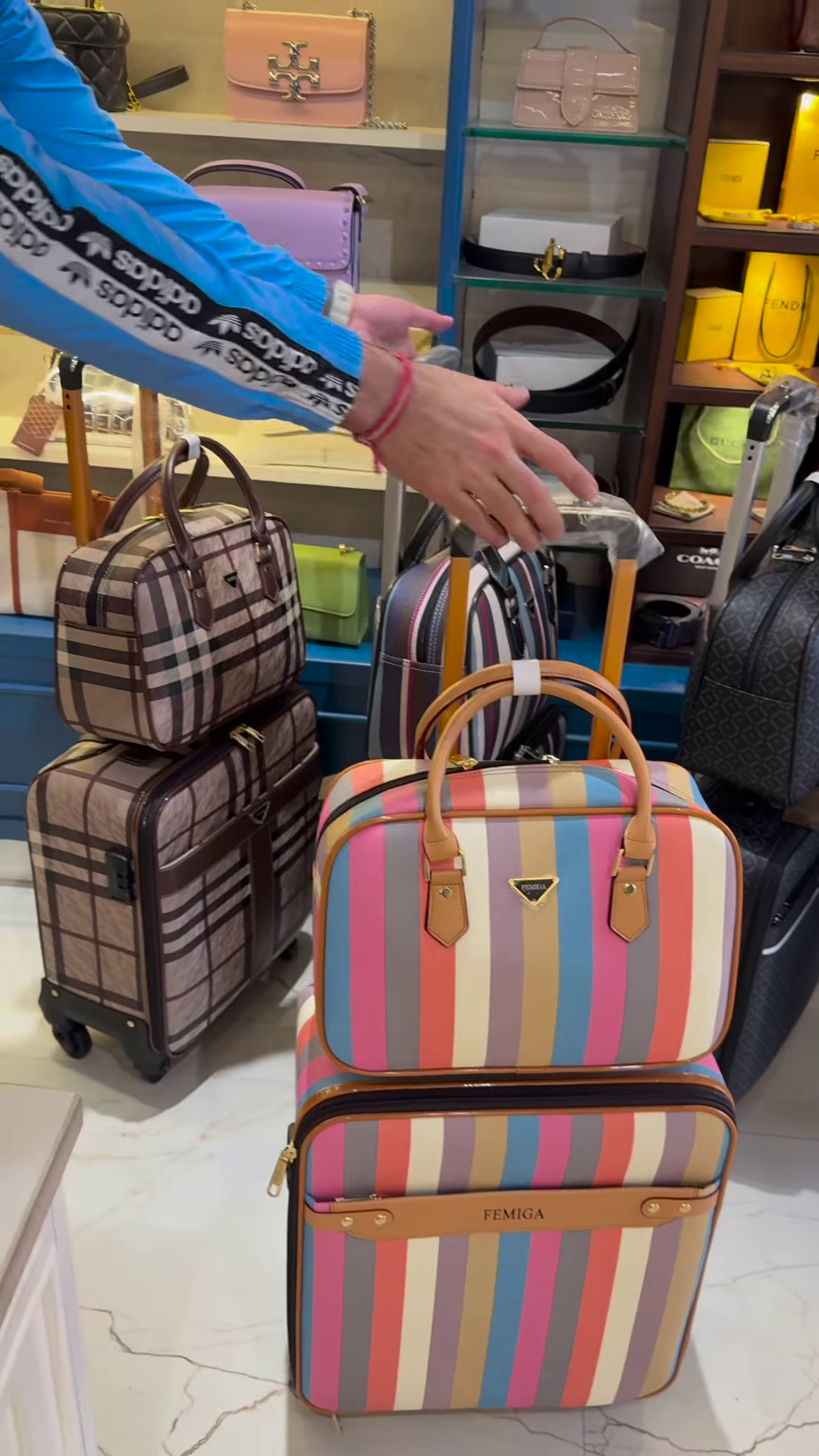 Stylish and Colorful Vertical Striped Luggage Set with Matching Handbag
