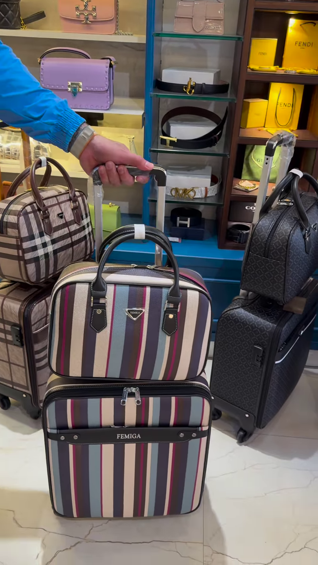 Stylish and Colorful Vertical Striped Luggage Set with Matching Handbag