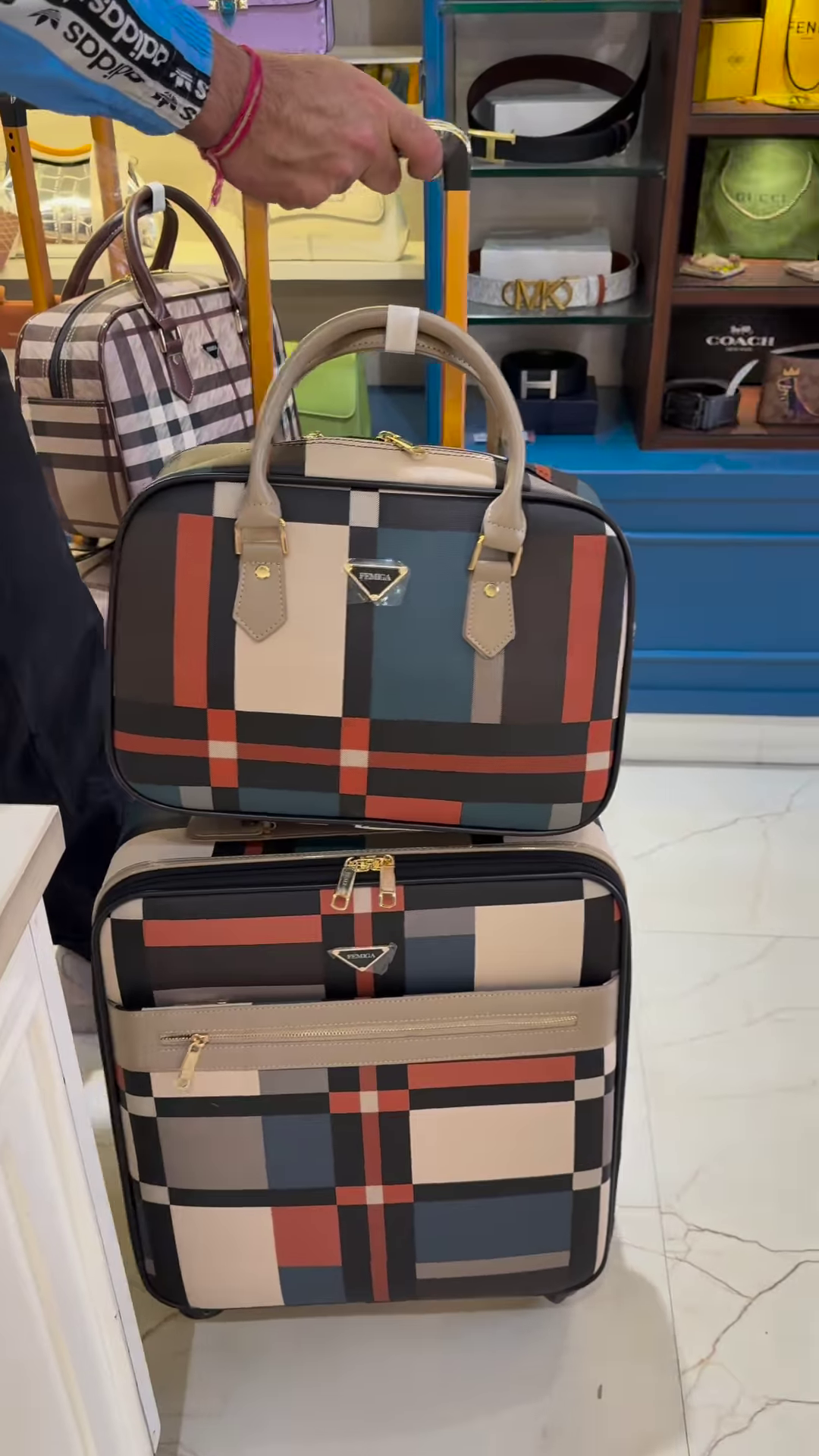 Stylish and Colorful Vertical Striped Luggage Set with Matching Handbag