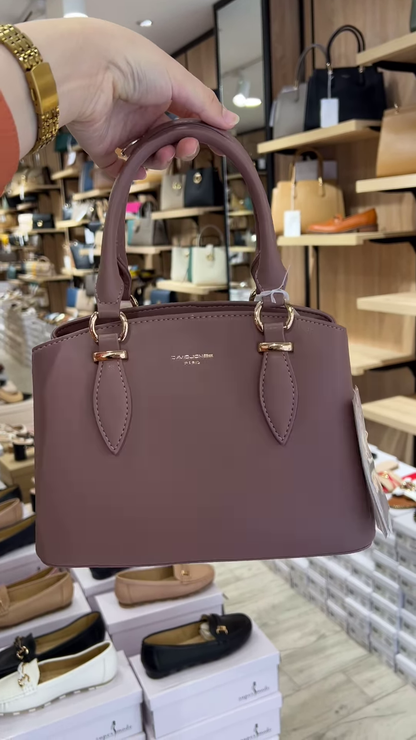 Elegant Structured Top Handle Satchel Handbag in Taupe with Gold-Tone Hardware