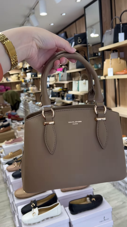 Elegant Structured Top Handle Satchel Handbag in Taupe with Gold-Tone Hardware
