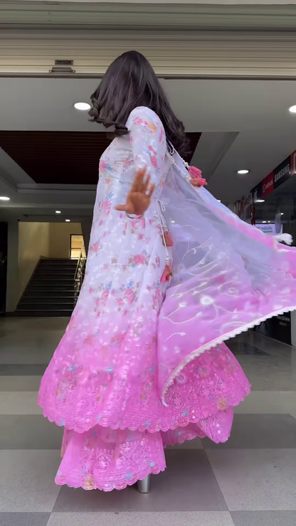 Elegant Women's Floral Print Anarkali Suit Set with Ombre Effect and Dupatta