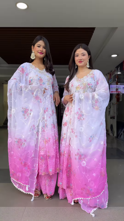 Elegant Women’s Floral Print Anarkali Suit Set with Ombre Effect and Dupatta