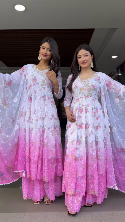 Elegant Women’s Floral Print Anarkali Suit Set with Ombre Effect and Dupatta