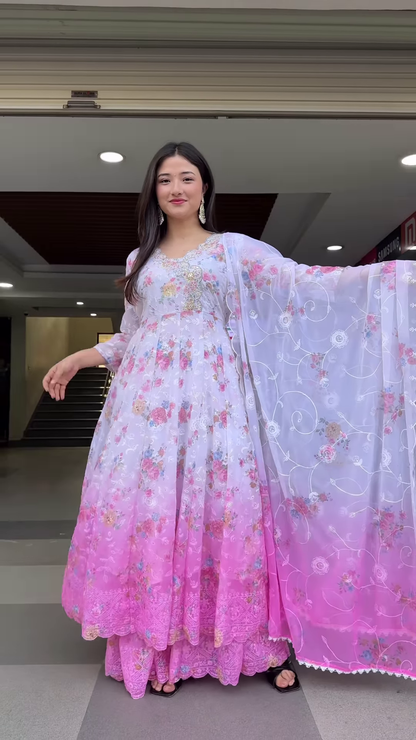Elegant Women’s Floral Print Anarkali Suit Set with Ombre Effect and Dupatta