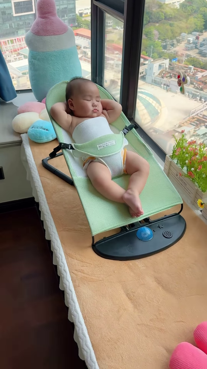 Peaceful Newborn Baby Sleeping Soundly in a Comfortable Bouncer Seat by the Window