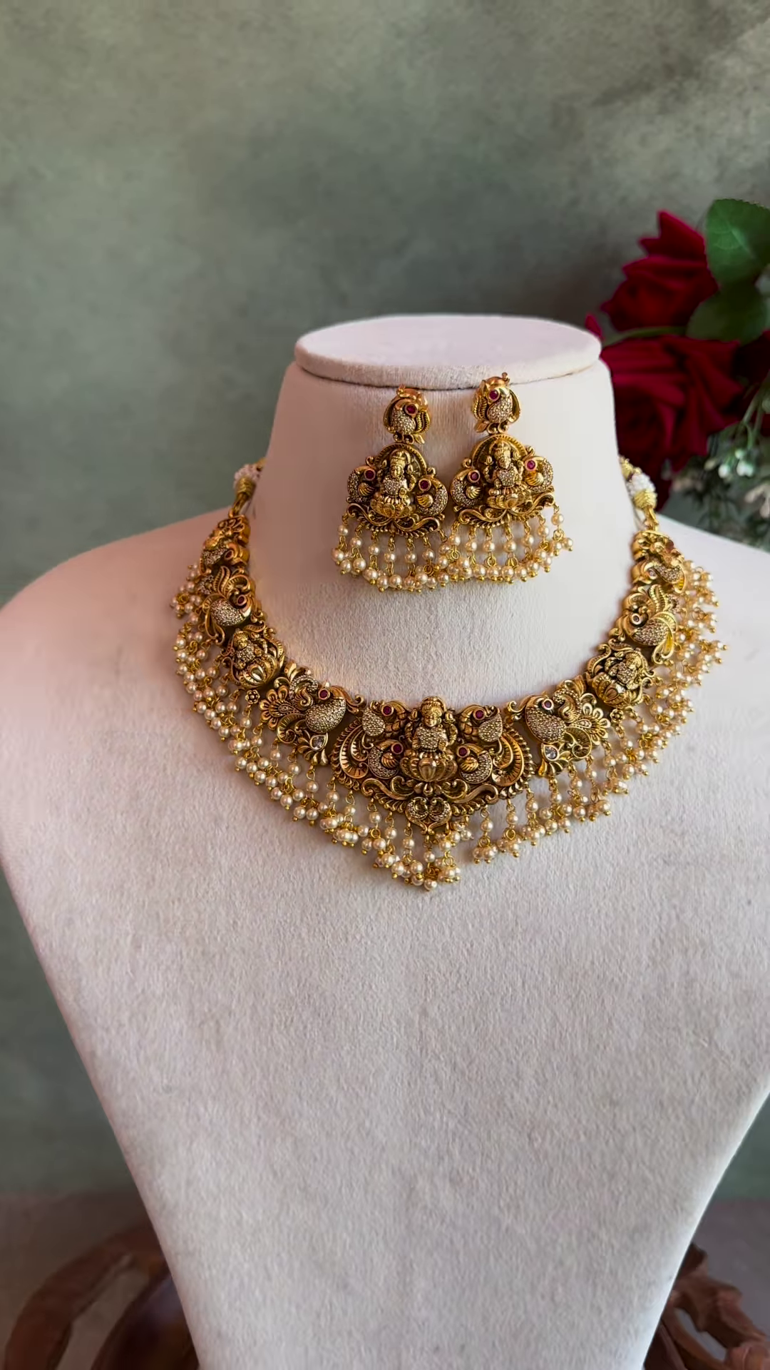 Ornate Gold-Plated Temple Jewellery Necklace Set with Goddess Lakshmi and Pearl Drops