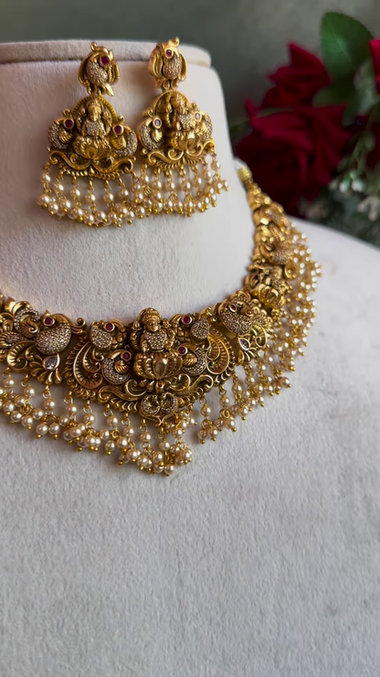 Ornate Gold-Plated Temple Jewellery Necklace Set with Goddess Lakshmi and Pearl Drops