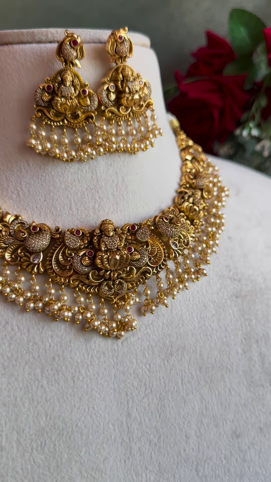Ornate Gold-Plated Temple Jewellery Necklace Set with Goddess Lakshmi and Pearl Drops