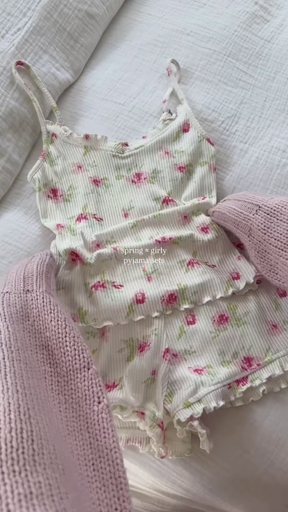 Soft Floral Print Women's Short Pajama Set with Ruffle Hem Details