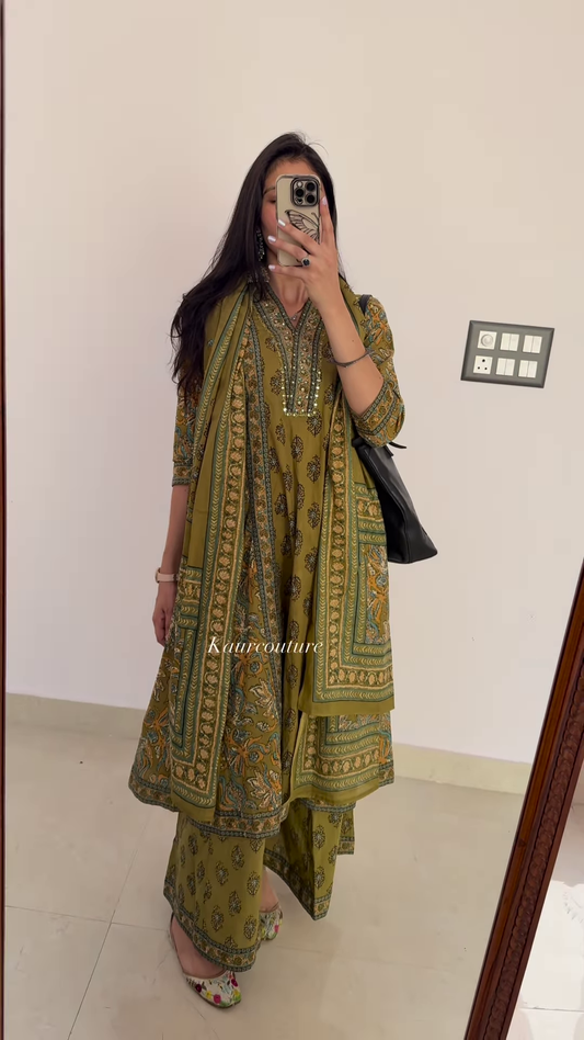 Elegant Women’s Olive Green Printed Kurta Palazzo Set with Embellished Neckline and Dupatta