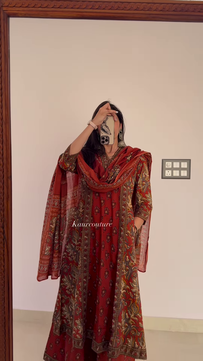 Elegant Women’s Olive Green Printed Kurta Palazzo Set with Embellished Neckline and Dupatta